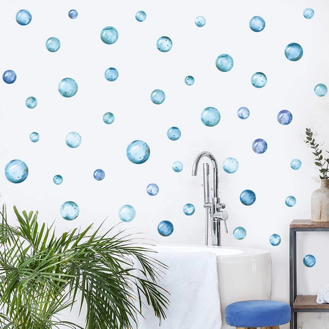 Adesivi Murali con Bolle Acquerello Blu Stile Minimalista in PVC Impermeabile Rimovibile per Decorazione Bagno e Cameretta