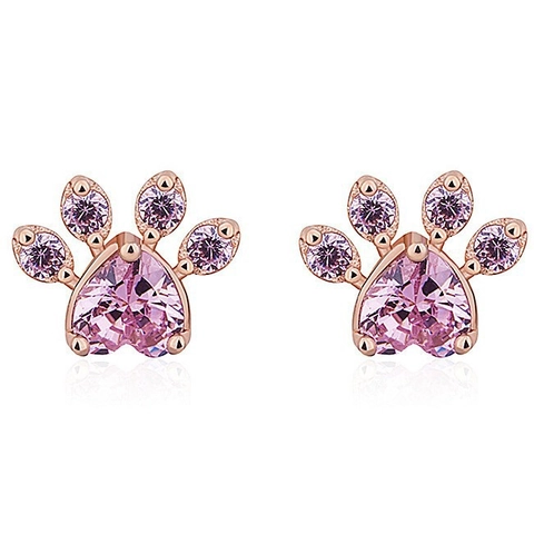 Gioielli Impronta Zampa Gatto Collana Bracciale Anello Aperto E Orecchini Con Perno Argento Zircone Cuore Rosa Rame