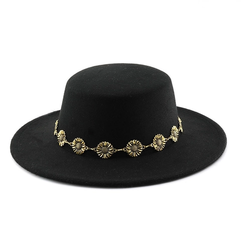 Cappello Boater Vintage A Tesa Larga Corona Piatta In Feltro Di Lana Fedora Con Catena In Metallo Decorativa Per Donna Uomo Moda