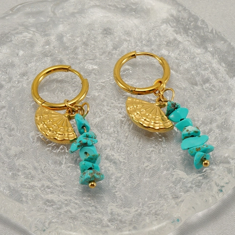 Böhmische Creolen Vergoldeter Edelstahl Natürlicher Türkis Muschel Anhänger Vintage Ethno Schmuck Für Damen