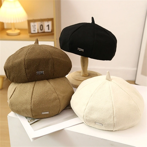 Basco Ottagonale Vintage Da Donna Retro Colore Solido Caldo Cappello Da Pittore In Tweed Con Etichetta In Metallo