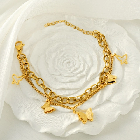 Schmetterling Doppelschichtiges Armband 18K Vergoldeter Edelstahl Luxus Mode Schmuck Für Damen Verstellbar