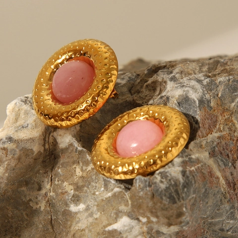 Orecchini a Bottone Tondi in Acciaio Inossidabile Martellato Vintage Con Pietra di Sabbia Blu Quarzo Rosa Donna Gioielli