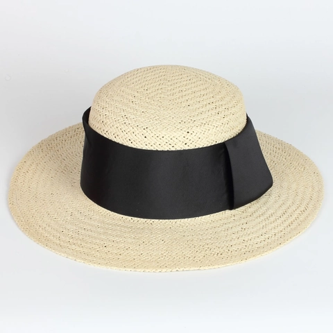 Boater Hat Flat Top Straw Sun Protection Wide Brim Black Grosgrain Ribbon Adjustable Summer Beach Travel For Women Men