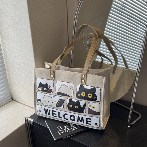 Cartoon Katze Druck Leinwand Tote Bag Große Kapazität Schulter Handtasche Mit PU Griffen Reißverschluss Lässig Mode Für Frauen
