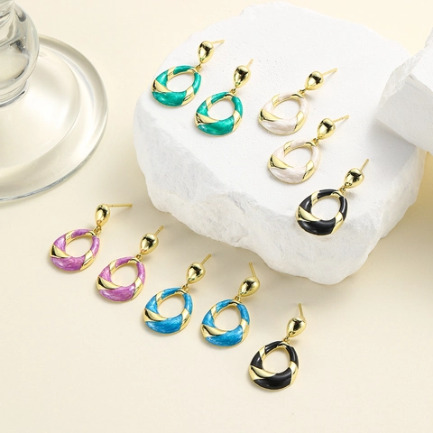 Vintage Elegant Oval Twisted Copper Drop Earrings With 18K Gold Plated Enamel Geometric Jewelry For Women