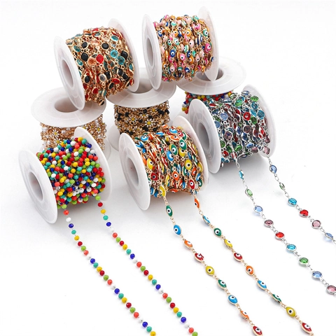 Chaîne En Cuivre Pour Bijoux DIY Avec Œil Maléfique Marguerite En Émail Et Perles De Verre En Cristal Pour Accessoires