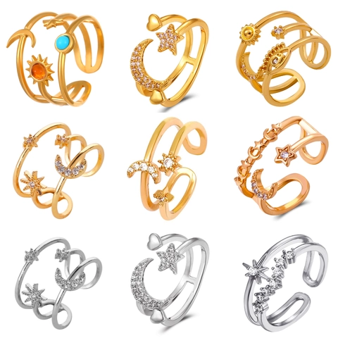 Hollow Drei-Schicht Stern Mond Offene Ringe Kupfer Zirkonia Verstellbar Mode Himmlischer Schmuck Für Damen
