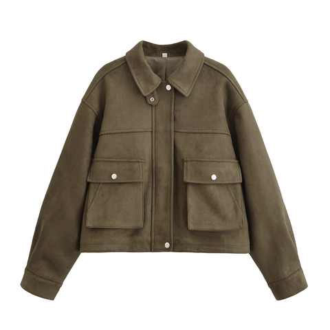 Women Faux Suede Crop Jacket Fashion Cargo Style Lapel Collar Long Sleeve Button Up Solid Color Outerwear