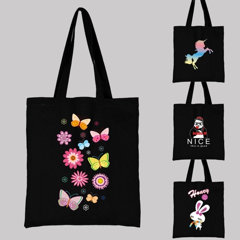 Canvas Tote Bag Printed Cartoon Animal Flower Pattern Harajuku Style Shoulder Shopping Bag For Women Students Daily School Travel
