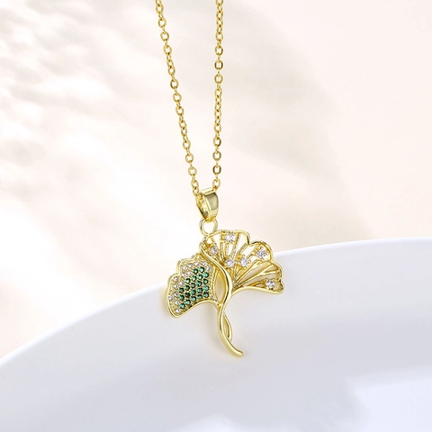 Ginkgoblatt Anhänger Halskette Vergoldet Edelstahl Kupfer Zirkon Hohl Baumblatt Elegant Schmuck Damen