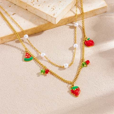 Stainless Steel Jewelry Necklace And Bracelet Fruit Pendants Strawberry Watermelon Apple Artificial Pearl Charms Sweet Fashion Women
