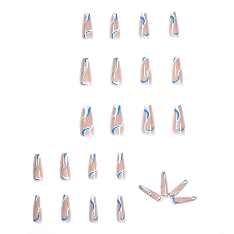 Blue White Wave Line Press On Nagels Lange Coffin Vorm Kunstmatige Valse Nagel Tips Voor Vrouwen Trendy Manicure