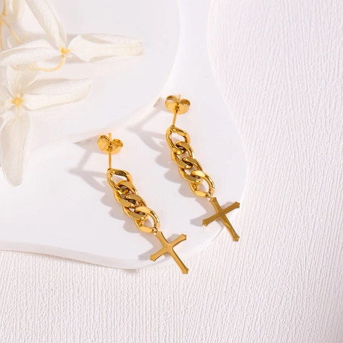 Stainless Steel Cross Chain Dangle Earrings For Women Punk Gothic Long Tassel Stud Earring Jewelry Accessory