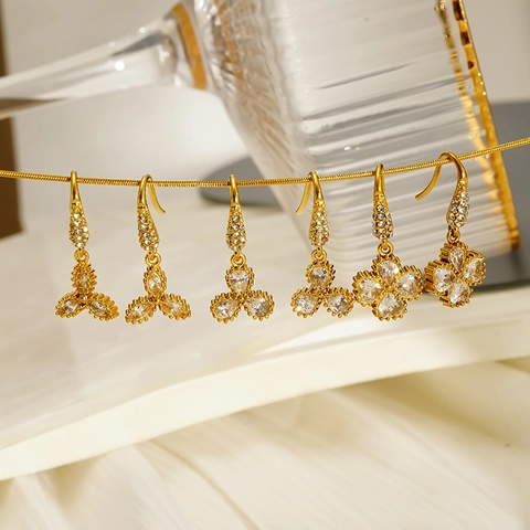 18K Gold Plated 304 Stainless Steel Drop Earrings For Women Micro Paved Zircon Geometric Flower Cross Dangle Jewelry