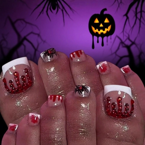 Unghie Finte Per Piedi Halloween Orrore Goccia Di Sangue Strass Rosso Ragno Stile Scuro Francese Per Donne