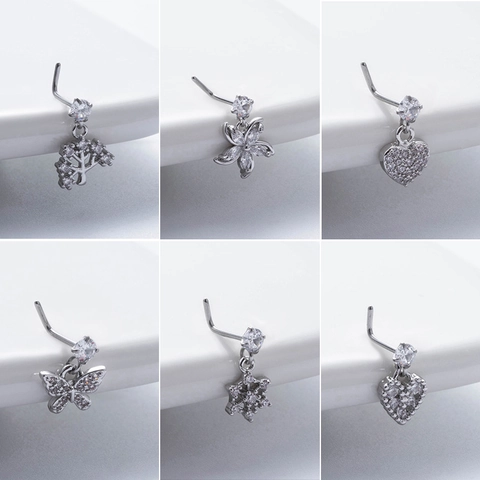 Nose Stud L Shaped Piercing Jewelry Stainless Steel Zircon Pendant Butterfly Heart Flower Tree Of Life For Women Fashion