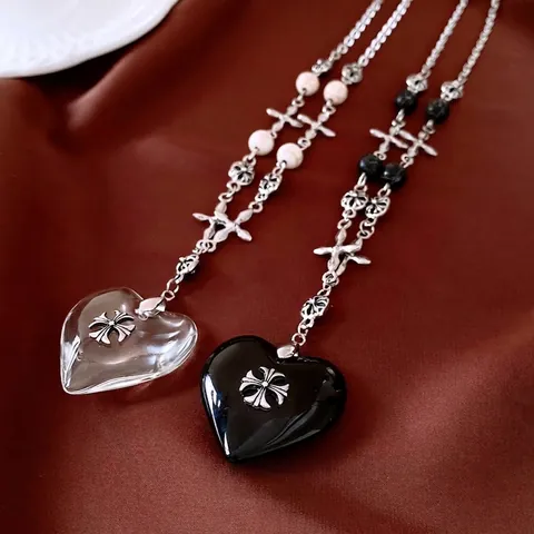 Gothic Herz Anhänger Halskette Mit Kreuz Legierung Stein Glasperlen Y2K Retro Sweet Cool Ästhetik Schmuck Für Damen