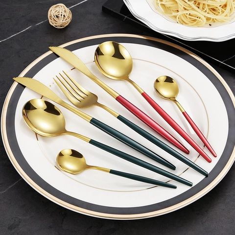 Portuguese Style Stainless Steel Flatware Cutlery Gold Silver Finish Colored Handle Western Dining Steak Utensils Modern