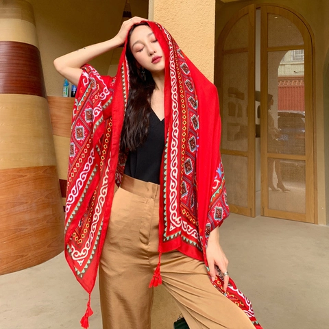 Bohemian Ethnic Printed Shawl Scarf Large Satin Feel Sunscreen Wrap With Tassels For Beach Travel Women Vintage