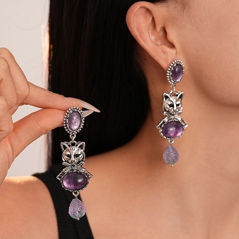 Boucles Oreilles Pendantes Chat Rétro Avec Résine Violette Strass Et Tige En Argent Sterling 925 Bijoux Gothiques