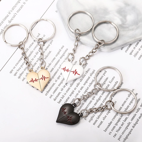 Kreativer Herzförmiger EKG Herzschlag Paar Schlüsselanhänger Magnetisches Spleißen Zinklegierung Schlüsselring Für Rucksack Anhänger Valentinstag Geschenk