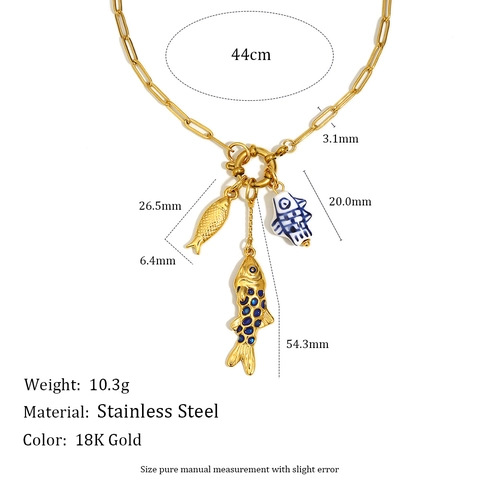 Collar Colgante Pez Acero Inoxidable Chapado Oro 18K Cadena Clip Azul Blanco Porcelana Esmalte Joyería Marina Mujer