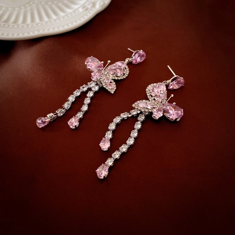 Butterfly Tassel Earrings Alloy Zircon With 925 Sterling Silver Earring Post Sweet Elegant Teardrop Pendant For Women