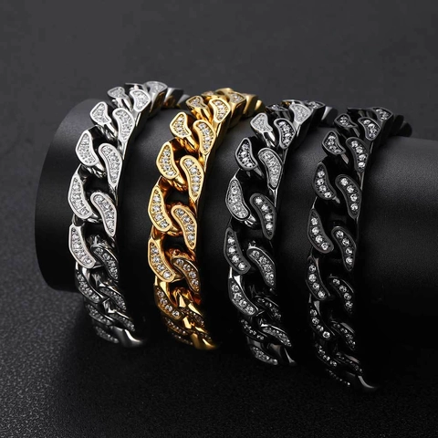 Hip Hop 12mm Edelstahl Vereist Panzerkette Armband Für Damen Herren Zirkonia Strass Schmuck Geschenk