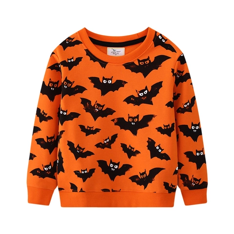 Sweat-shirt Halloween Pour Garçons En Coton Imprimé Chauve-souris À Manches Longues Col Rond Orange