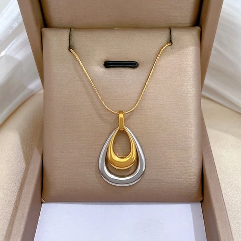 Double Tropfen Anhänger Halskette Titanstahl Zweifarbig Gold Silber Minimalistisch Schlüsselbein Schlangenkette Damen