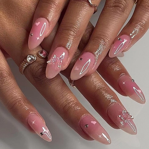 Uñas Postizas Press On Degradado Rosa Con Forma Almendra Decoración Mariposa Patrones Corazón Estrella Diamantes Para Mujeres