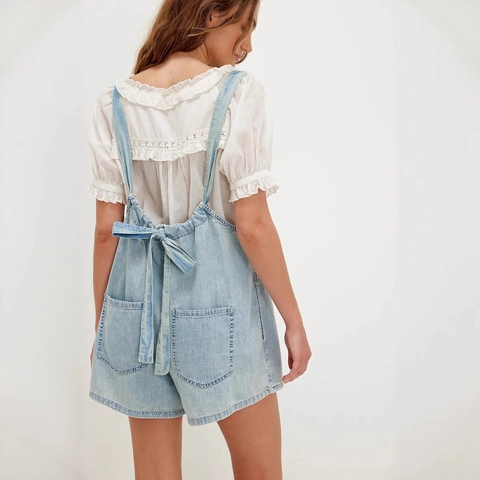 Women Denim Romper Adjustable Straps Functional Pockets Back Tie Loose Fit Casual Summer Streetwear