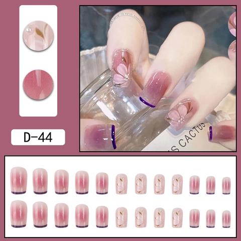 Press On Nagels Roze Paars Verloop Kersenbloesem Ontwerp French Tip Vierkante Kunstnagels Glanzend Met Kunstparels Elegant