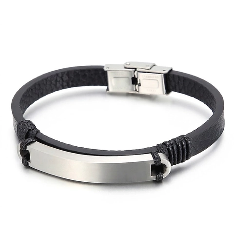 Pulsera Para Hombre De Acero Inoxidable Placa ID Curvada Cuero Genuino Trenzado Brazalete Moda Negocios Casual