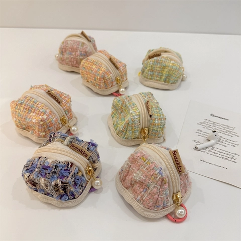Mini Earphone Pouch Tweed Plaid Portable Coin Purse With Artificial Pearl Pendant Zipper Hook Small Storage Bag For Women Girls Chic Accessory