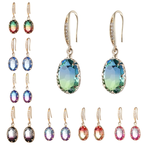 Oval Gradient Gemstone Dangle Earrings Gold Plated Copper With Cubic Zirconia Elegant Fashion Jewelry For Women