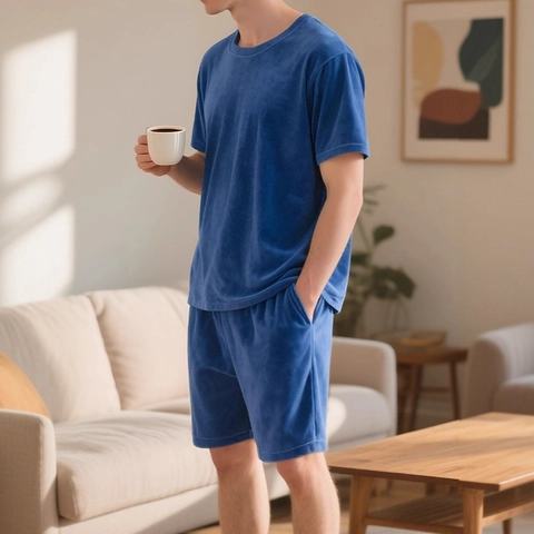 Conjunto De Ropa De Descanso Para Hombre Terciopelo Gamuza Camiseta Manga Corta Y Pantalones Cortos Color Sólido