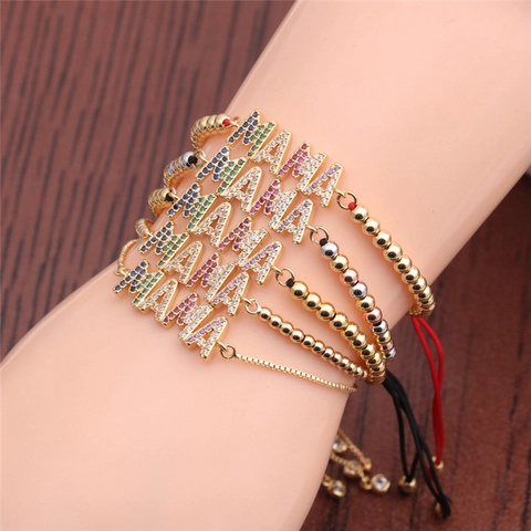 Bracelet MAMA Cuivre Plaqué Or Zircone Cubique Colorée Chaîne Corde Ajustable Bijoux Fête Des Mères Cadeau Pour Maman