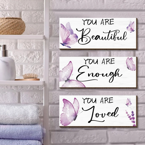Butterfly Wall Decor Wooden Hanging Signs Purple Lavender Motivational Quotes Plaque For Home Bathroom Modern Simple Style