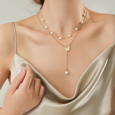 Butterfly Pendant Double Layer Necklace Gold Plated Stainless Steel With Faux Artificial Pearl Elegant Jewelry For Women