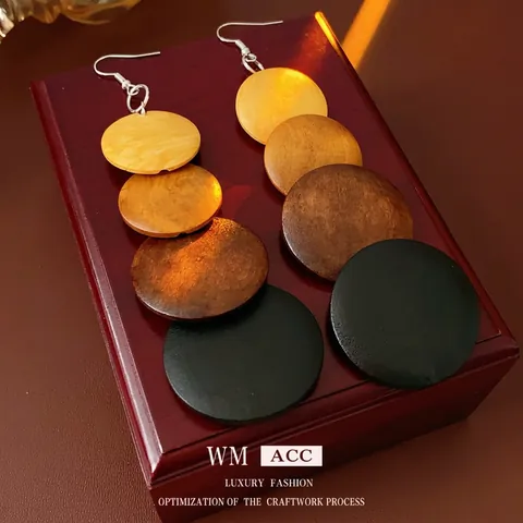 Pendientes Colgantes De Disco De Madera Bohemios Con Poste De Plata Capas Múltiples Degradado De Color Estilo Vintage Para Mujer