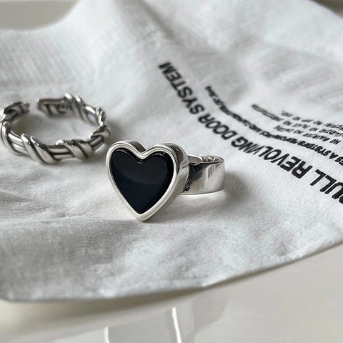 Anello Aperto Regolabile A Cuore In Argento Sterling 925 Con Agata Nera Gioielli Minimalisti Vintage