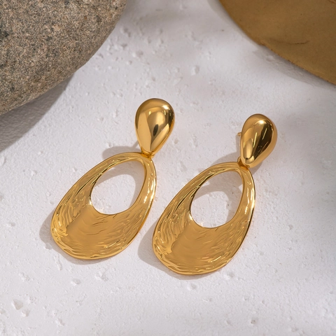 Orecchini Pendenti Goccia Martellato Placcato Oro 18K Acciaio Inossidabile 304 Texture Ondulata Per Donna Impermeabile