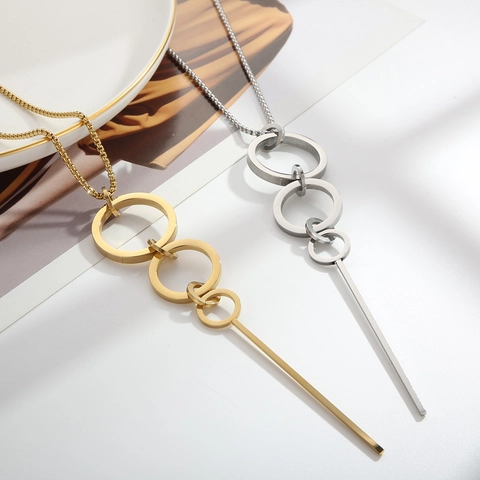 Collana Lunga Geometrica Minimalista In Acciaio Inossidabile Tripli Cerchi E Ciondolo A Barra Verticale Catena Da Maglione Donna