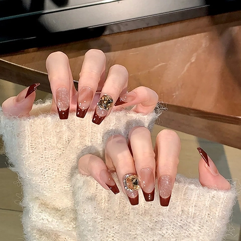 Uñas Postizas Largas Coffin 3D Rhinestone Perla Artificial Decoración Francés Marrón Degradado Elegante Para Mujeres