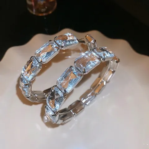 Exaggerated Hoop Earrings With Rectangle Cut Clear Rhinestone And 925 Sterling Silver Earring Post For Women Fashion