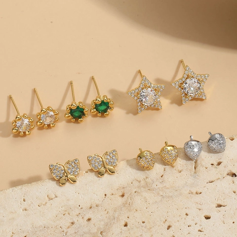 Minimalist Copper Zirconia Stud Earrings For Women Tiny Butterfly Star Acorn Flower Elegant Fashion Ear Jewelry Gift