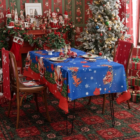 Merry Christmas Tablecloth Rectangular Santa Claus Reindeer Snowflake Printed Festive Table Cover For Home Dining Party Decor Polyester