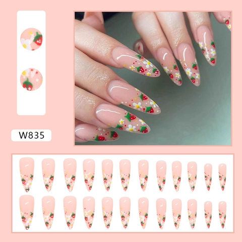 Faux Ongles Press On Amande Longue Stiletto Motif Fraise Et Fleur Rose Nude Style Doux Et Mignon Pour Femmes